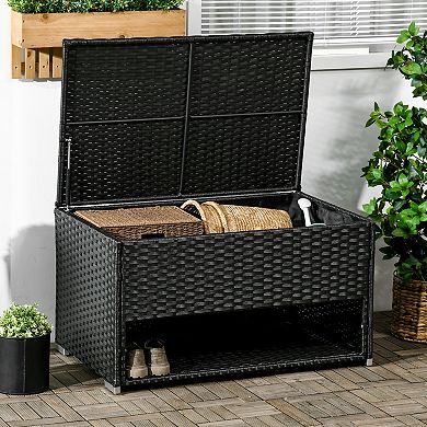 Outsunny Deck Box w/ Outdoor Towel/Shoe Rack, Waterproof Inner Liner, Black
