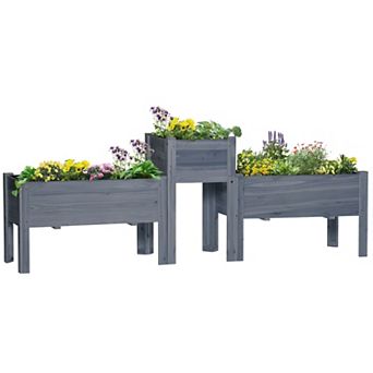 Raised Garden Bed, Set Of 3 Wood Box & Trough Planters, Draining For Flowers