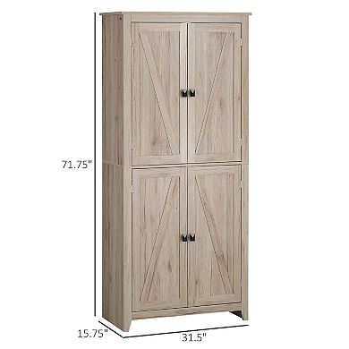 HOMCOM 72" Freestanding 4-Door Kitchen Pantry, Storage Cabinet Organizer with 4-Tiers, and Adjustable Shelves, Natural