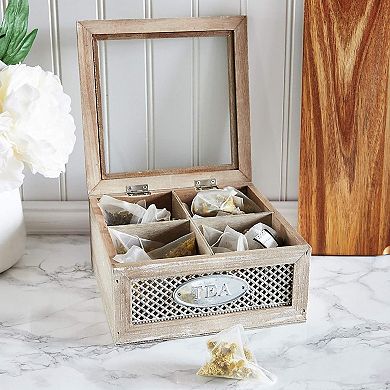 Wooden Box for Tea Bags Organizer, 4-Compartment Container with Clear Lid, 7x7x3