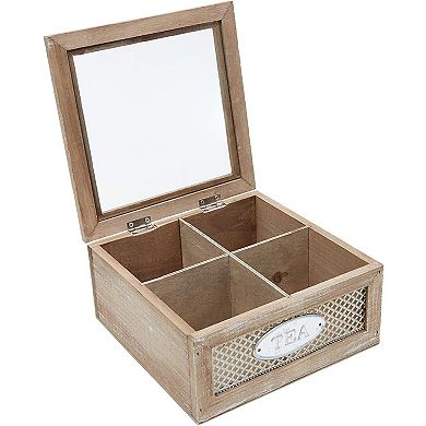 Wooden Box for Tea Bags Organizer, Cute Rustic 4-Compartment Container with Clear Lid (7 x 7 x 3 In)