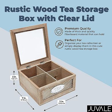 Wooden Box for Tea Bags Organizer, Cute Rustic 4-Compartment Container with Clear Lid (7 x 7 x 3 In)