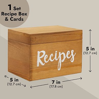 Wooden Recipe Box with 60 Blank 4x6 Cards and 24 Dividers with Tabs for Baking (7 x 5 x 5 In)