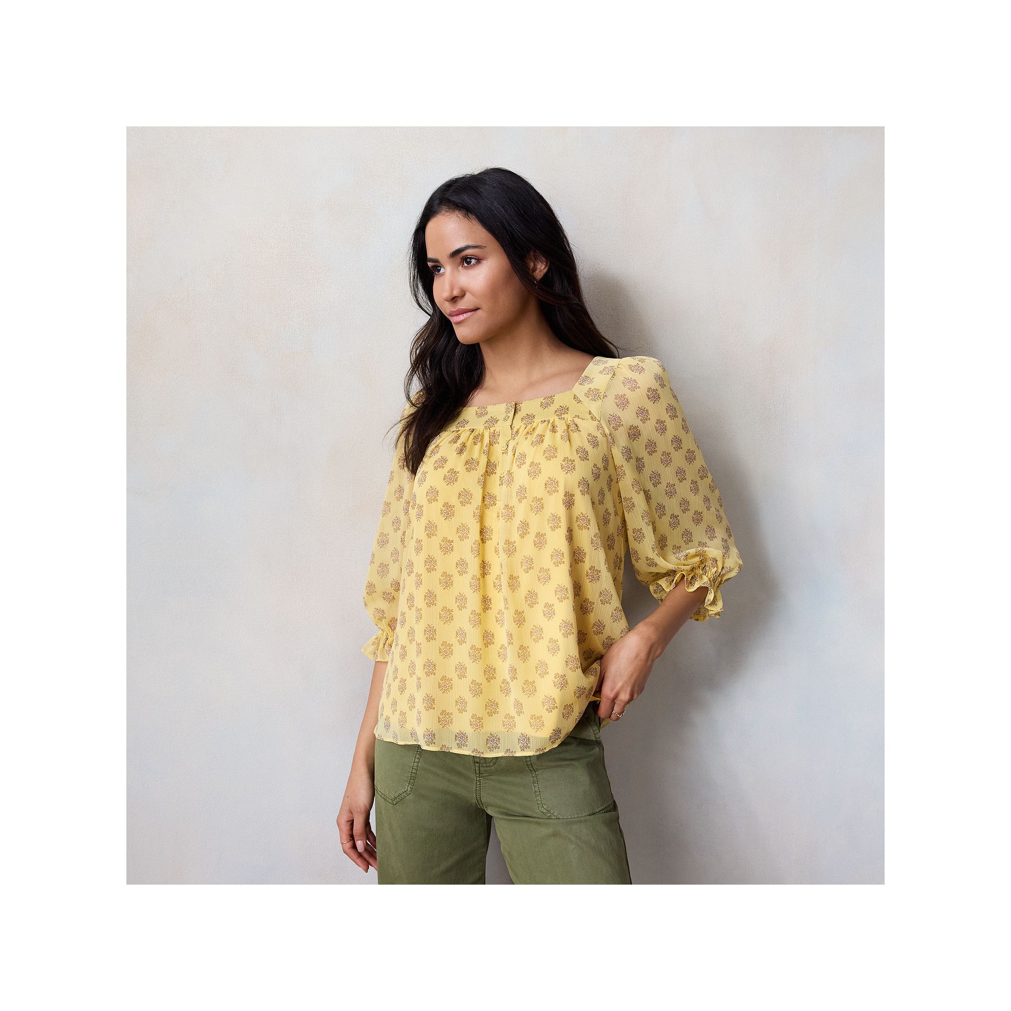 Womens LC Lauren Conrad Henley Puff Sleeve Peasant Top, Size: Small, Golde