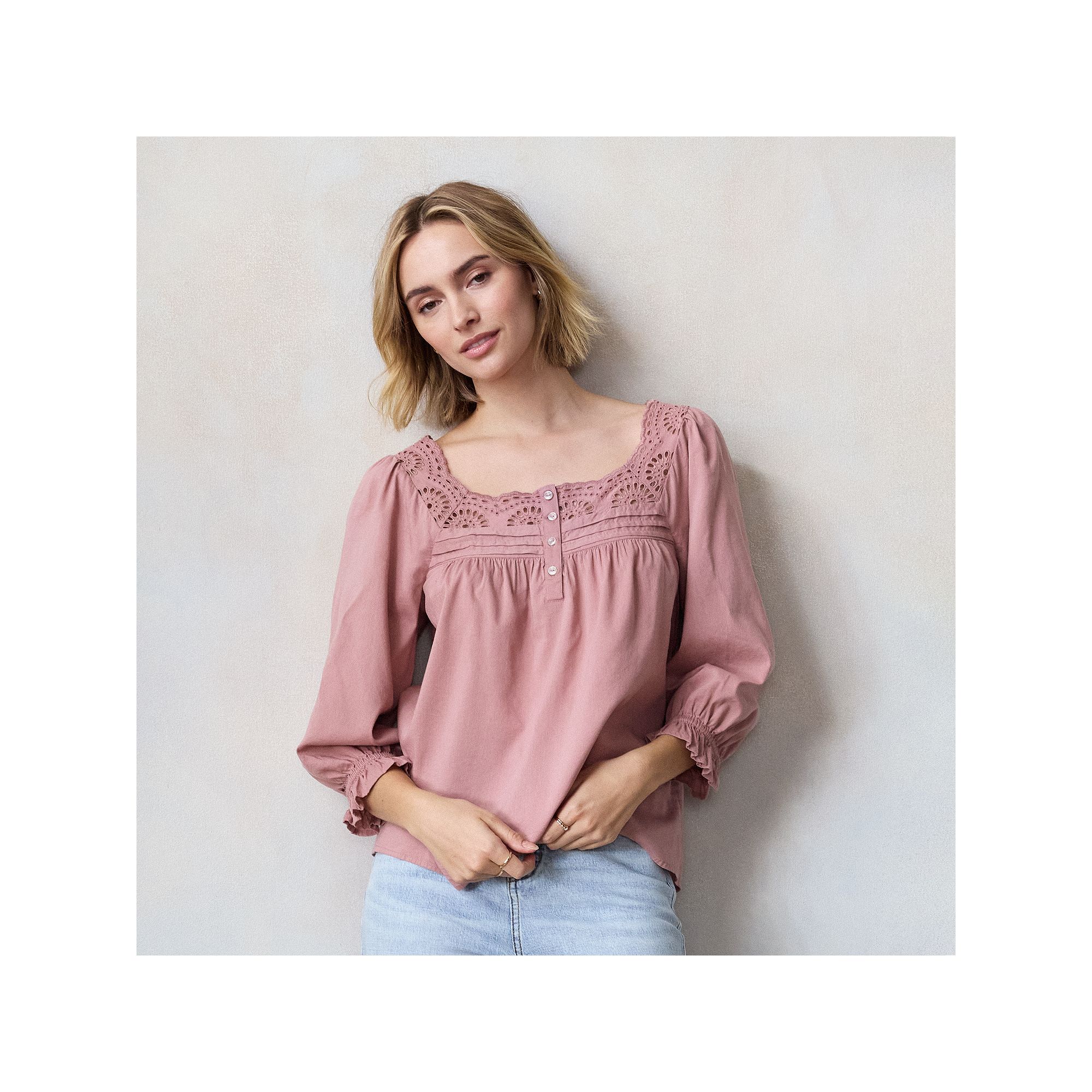Womens LC Lauren Conrad Henley Puff Sleeve Peasant Top, Size: Small, Purpl