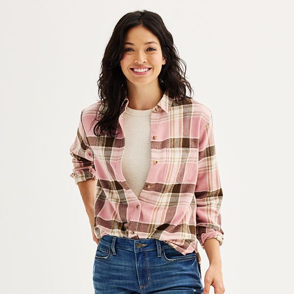 Womens Sonoma Goods For Life® Everyday Flannel Shirt - Mauve Cozy Plaid (X LARGE)
