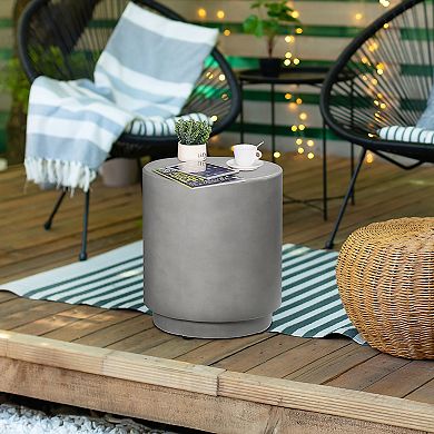 Lightweight Accent Table With Concrete Finish Round Side Table, Light Grey