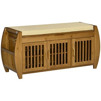 HOMCOM Shoe Bench with Storage Cabinets, Entryway Bench with Seating Cushion, 3 Doors, Side Rack and Hidden Compartment for Hallway, Brown