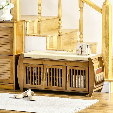 HOMCOM Shoe Bench with Storage Cabinets, Entryway Bench with Seating Cushion, 3 Doors, Side Rack and Hidden Compartment for Hallway, Brown