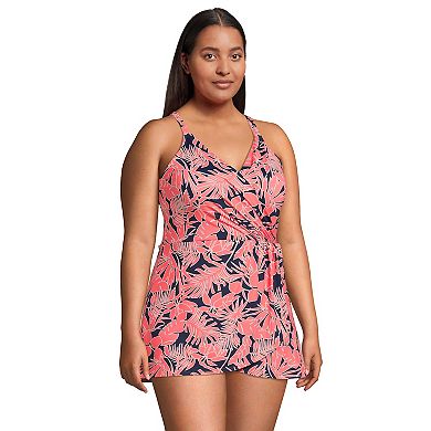 Coral and navy tropical-print one-piece swim dress with a skirt over the upper thighs