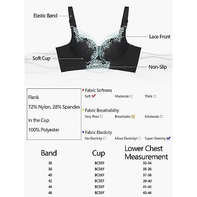 Women's Full Coverage Wirefree 6-Hook Lace Trim Adjustable Straps Comfort Bra
