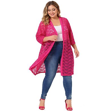 Women's Plus Size Fall Open Front Soft Lace Hollow Out Midi Cardigan