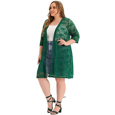 Women's Plus Size Fall Open Front Lace Hollow Out Midi Cardigan