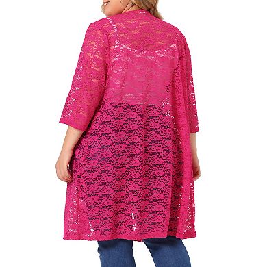 Women's Plus Size Fall Open Front Soft Lace Hollow Out Midi Cardigan