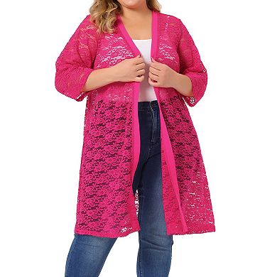Women's Plus Size Fall Open Front Soft Lace Hollow Out Midi Cardigan