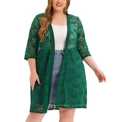 Women's Plus Size Fall Open Front Lace Hollow Out Midi Cardigan