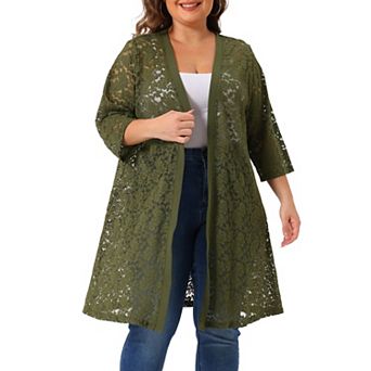 Women's Plus Size Fall Open Front Soft Lace Hollow Out Midi Cardigan