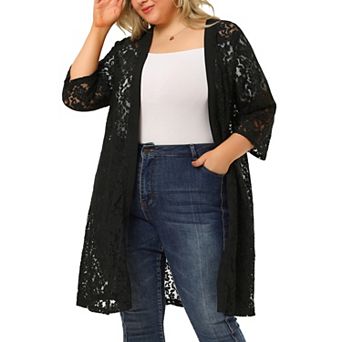 Women's Plus Size Fall Open Front Soft Lace Hollow Out Midi Cardigan