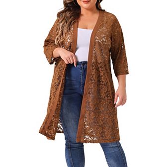 Women's Plus Size Fall Open Front Soft Lace Hollow Out Midi Cardigan