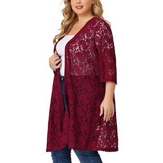 Women's Plus Size Fall Open Front Soft Lace Hollow Out Midi Cardigan