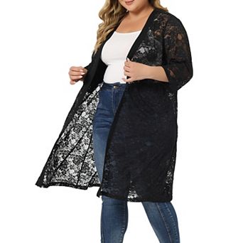 Women's Plus Size Fall Open Front Soft Lace Hollow Out Midi Cardigan