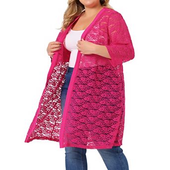 Women's Plus Size Fall Open Front Soft Lace Hollow Out Midi Cardigan