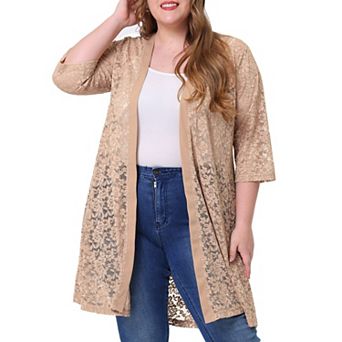 Women's Plus Size Fall Open Front Soft Lace Hollow Out Midi Cardigan