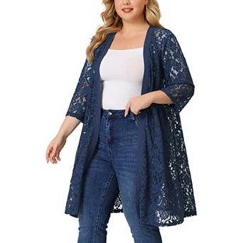 Women's Plus Size Fall Open Front Soft Lace Hollow Out Midi Cardigan