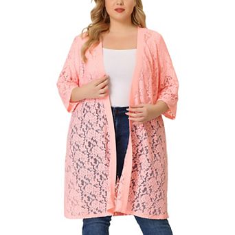 Women's Plus Size Fall Open Front Soft Lace Hollow Out Midi Cardigan