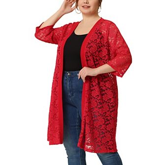 Women's Plus Size Fall Open Front Soft Lace Hollow Out Midi Cardigan