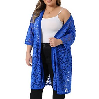 Women's Plus Size Fall Open Front Soft Lace Hollow Out Midi Cardigan
