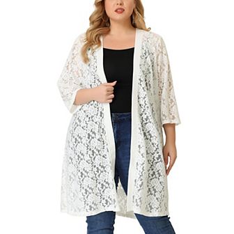 Women's Plus Size Fall Open Front Soft Lace Hollow Out Midi Cardigan