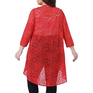 Women's Plus Size Cardigan Lace Crochet High Low 3/4 Sleeve Open Front Sheer Kimono Cover Up