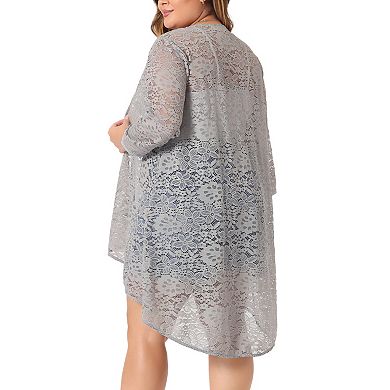 Women's Plus Size Cardigan Lace Crochet High Low 3/4 Sleeve Open Front Sheer Kimono Cover Up