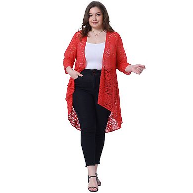 Women's Plus Size Cardigan Lace Crochet High Low 3/4 Sleeve Open Front Sheer Kimono Cover Up