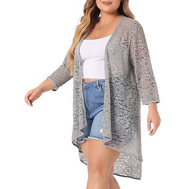 Women's Plus Size Cardigan Lace Crochet High Low 3/4 Sleeve Open Front Sheer Kimono Cover Up