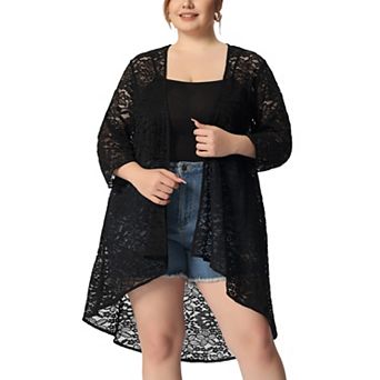 Women's Plus Size Cardigan Lace Crochet High Low 3/4 Sleeve Open Front Sheer Kimono Cover Up