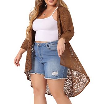Women's Plus Size Cardigan Lace Crochet High Low 3/4 Sleeve Open Front Sheer Kimono Cover Up