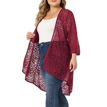 Women's Plus Size Cardigan Lace Crochet High Low 3/4 Sleeve Open Front Sheer Kimono Cover Up