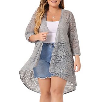 Women's Plus Size Cardigan Lace Crochet High Low 3/4 Sleeve Open Front Sheer Kimono Cover Up