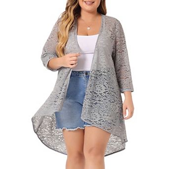 Women's Plus Size Cardigan Lace Crochet High Low 3/4 Sleeve Open Front Sheer Kimono Cover Up