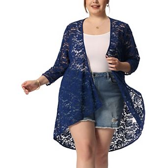 Women's Plus Size Cardigan Lace Crochet High Low 3/4 Sleeve Open Front Sheer Kimono Cover Up
