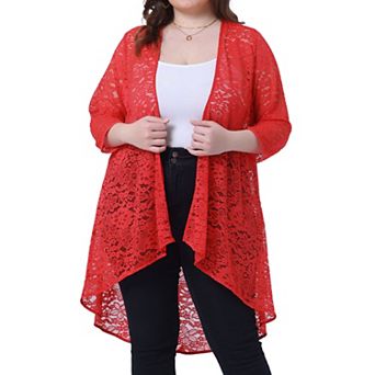 Women's Plus Size Cardigan Lace Crochet High Low 3/4 Sleeve Open Front Sheer Kimono Cover Up