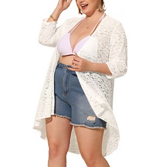 Women's Plus Size Cardigan Lace Crochet High Low 3/4 Sleeve Open Front Sheer Kimono Cover Up