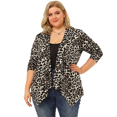 Women's Plus Size Asymmetric Hem Open Front Leopard Cardigan