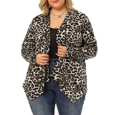 Women's Plus Size Asymmetric Hem Open Front Leopard Cardigan