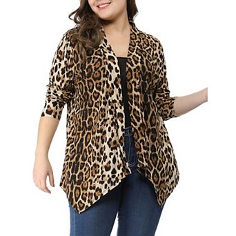 Women's Plus Size Asymmetric Hem Open Front Leopard Cardigan
