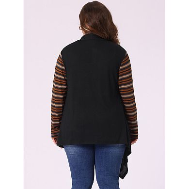 Women's Plus Size Stripe Print Open Front Knit Long Sleeve Cardigan