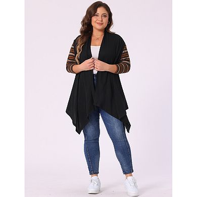 Women's Plus Size Stripe Print Open Front Knit Long Sleeve Cardigan