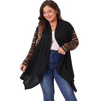 Women's Plus Size Stripe Print Open Front Knit Long Sleeve Cardigan